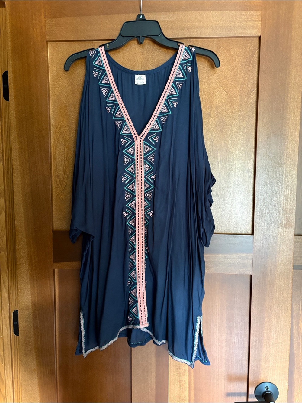 O'Neill Navy Tunic swimsuit cover up with Coral & Teal Embroidery